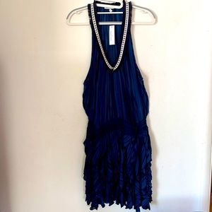 Poupette St. Barth Navy Blue Pleated Midi Dress with Embellished V-Neck